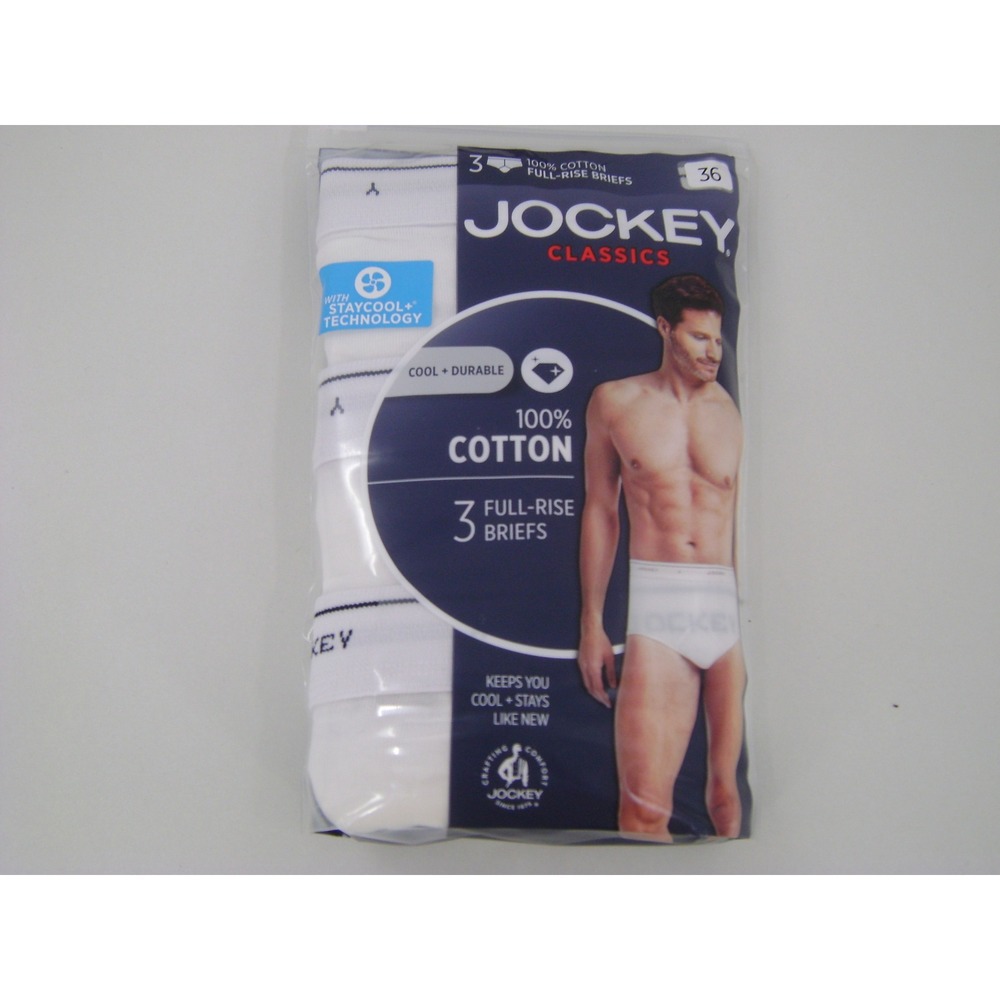 Jockey Classics Mens 3 Pack Full-Rise Briefs White 100% Cotton StayCool+ Size 36